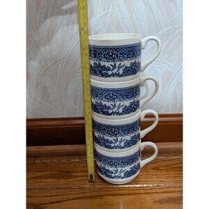 Vtg Blue Willow Stacking Mugs Set 4 USA China Tea Coffee Cups Retro Chinoiserie